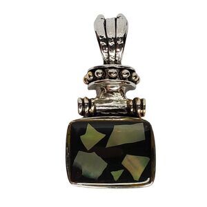 Art Deco Pendant Silvertone Goldtone Black Green Yellow Abalone 2" X 1"
